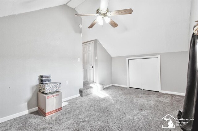 3380 Stewart Rd, Monroe, MI 48162 - additional living space with vaulted ceiling, carpet, and a ceiling fan