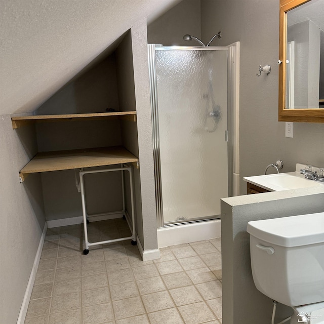 3380 Stewart Rd, Monroe, MI 48162 - bathroom with a stall shower, vanity, tile patterned floors, and vaulted ceiling