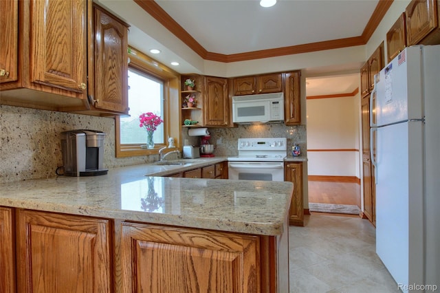 38188 Mallory Dr, Livonia, MI 48154 - kitchen with white appliances, brown cabinetry, a peninsula, ornamental molding, and light stone countertops