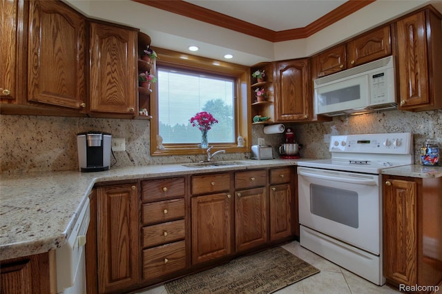 38188 Mallory Dr, Livonia, MI 48154 - kitchen featuring white appliances, open shelves, brown cabinets, tasteful backsplash, and ornamental molding