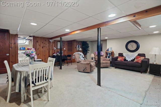 1946 Carlysle St, Dearborn, MI 48124 - dining area featuring carpet flooring, wooden walls, recessed lighting, and a paneled ceiling