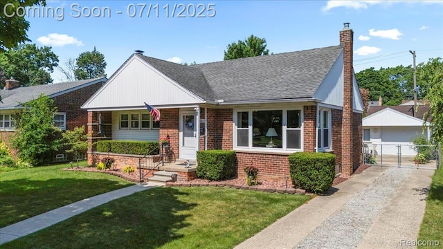 1946 Carlysle St, Dearborn, MI 48124 - view of front facade featuring brick siding, an outdoor structure, a garage, a chimney, and roof with shingles