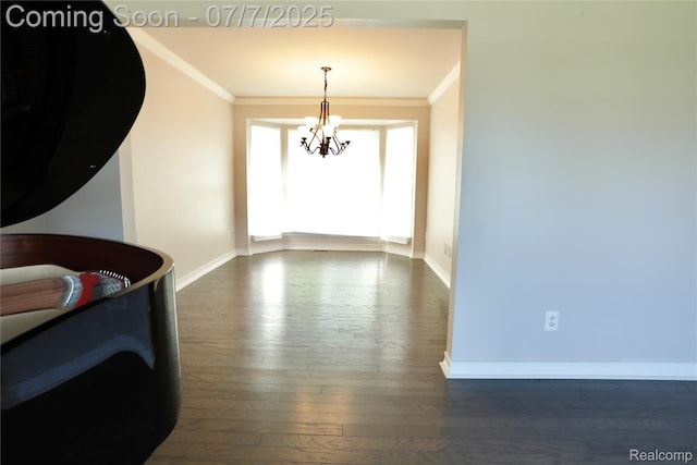 45587 Hanford Rd, Canton, MI 48187 - unfurnished dining area featuring crown molding, a chandelier, and dark wood-style floors