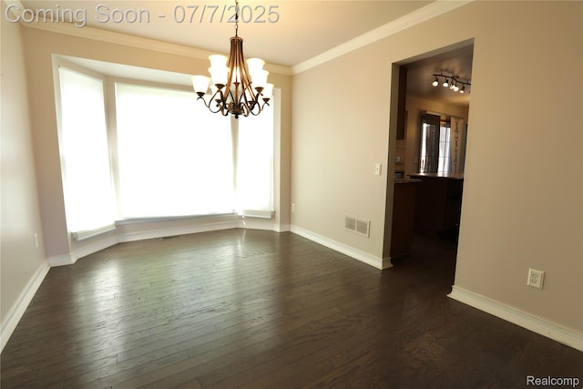 45587 Hanford Rd, Canton, MI 48187 - spare room with a chandelier, dark wood-style floors, and ornamental molding