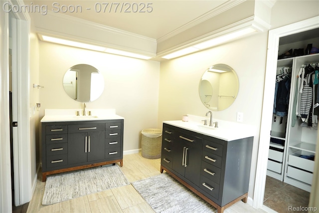 45587 Hanford Rd, Canton, MI 48187 - full bath with crown molding, two vanities, a walk in closet, and wood finished floors