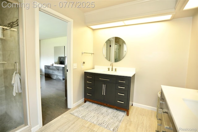 45587 Hanford Rd, Canton, MI 48187 - full bath featuring vanity, a stall shower, and wood finished floors