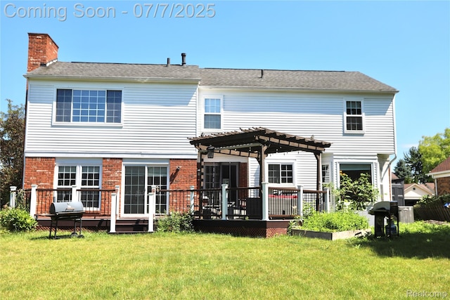 45587 Hanford Rd, Canton, MI 48187 - rear view of house with a pergola, a wooden deck, a yard, and a chimney