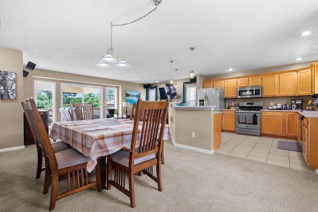 8181 Fawn Meadow Trl, Galesburg, MI 49053 - dining space with recessed lighting, light carpet, light tile patterned flooring, and a chandelier