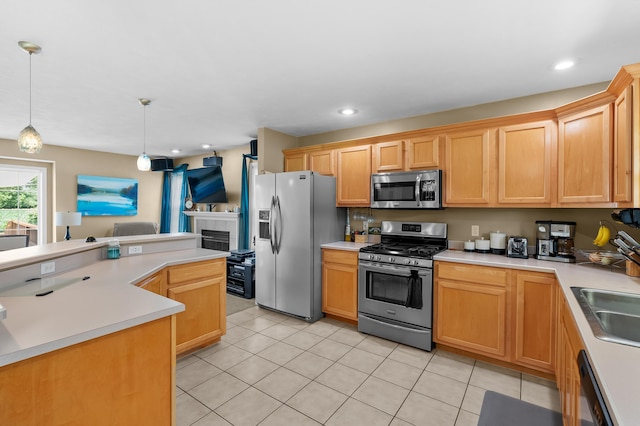 8181 Fawn Meadow Trl, Galesburg, MI 49053 - kitchen featuring stainless steel appliances, light tile patterned flooring, light countertops, pendant lighting, and recessed lighting