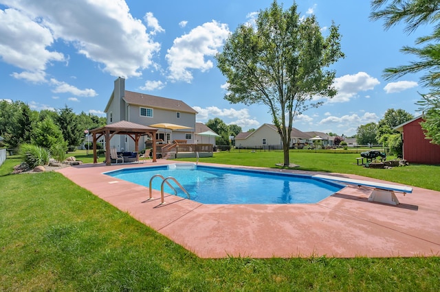 8181 Fawn Meadow Trl, Galesburg, MI 49053 - view of swimming pool with a gazebo, a patio, a yard, and a diving board