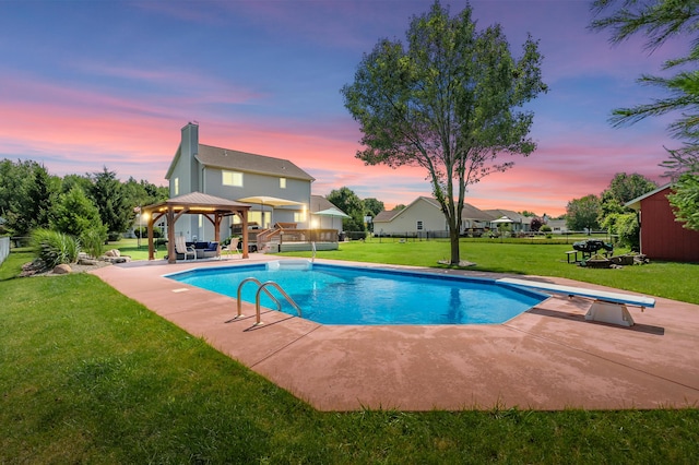 8181 Fawn Meadow Trl, Galesburg, MI 49053 - view of swimming pool featuring a gazebo, a patio, a yard, and a diving board