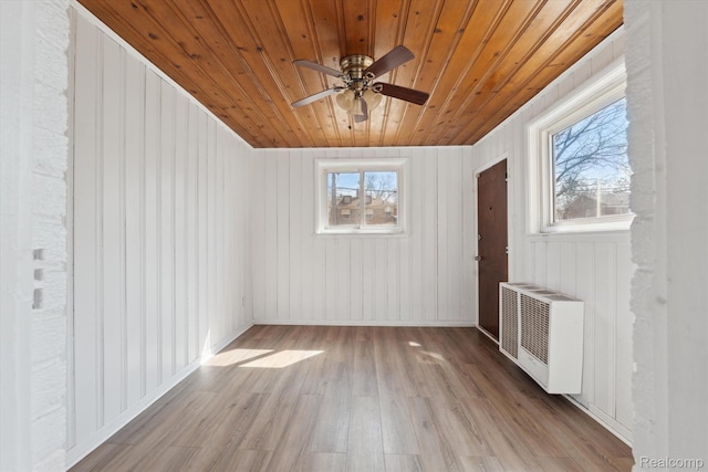 19340 Appoline St, Detroit, MI 48235 - unfurnished room with wood ceiling, heating unit, wood finished floors, and ceiling fan