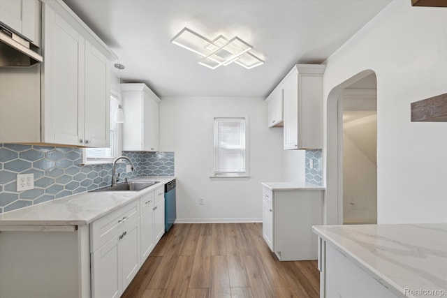 19340 Appoline St, Detroit, MI 48235 - kitchen featuring dishwasher, wood finished floors, backsplash, and white cabinetry