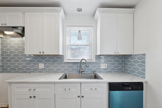 19340 Appoline St, Detroit, MI 48235 - kitchen with dishwashing machine, range hood, backsplash, and white cabinets