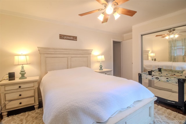 21102 Knudsen Dr, Grosse Ile, MI 48138 - bedroom featuring crown molding, a closet, and a ceiling fan