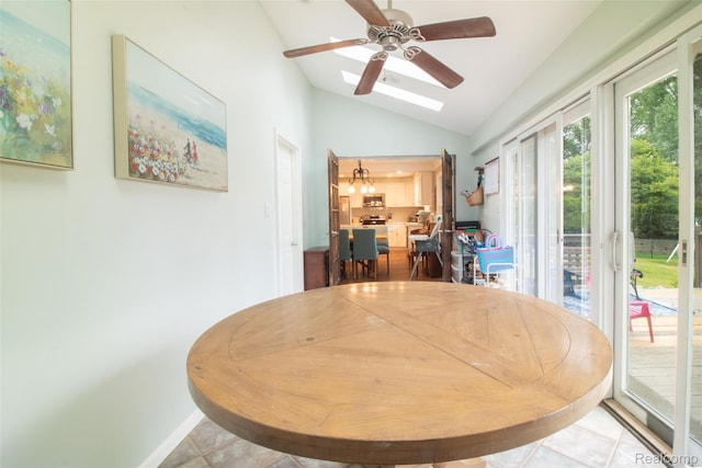 21102 Knudsen Dr, Grosse Ile, MI 48138 - dining space with vaulted ceiling, ceiling fan, a skylight, and tile patterned floors