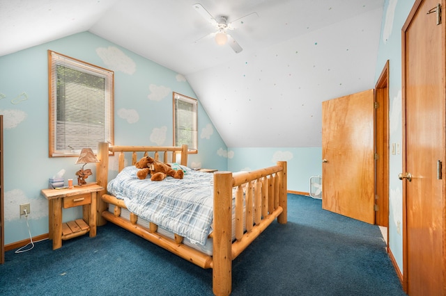 8361 9 Mile Rd, Big Rapids, MI 49307 - carpeted bedroom featuring vaulted ceiling and ceiling fan