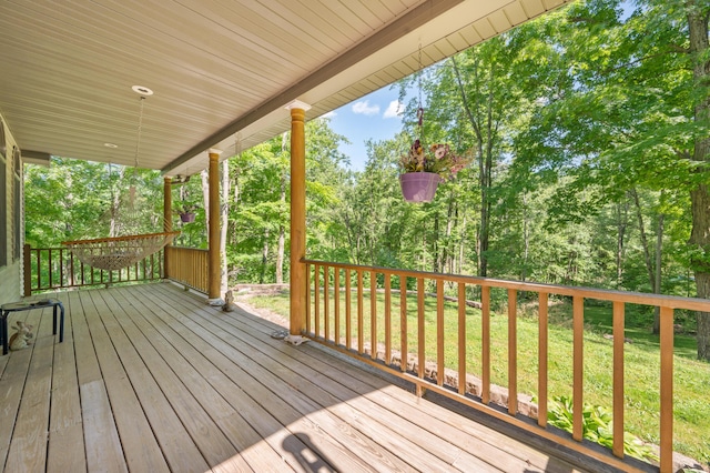 8361 9 Mile Rd, Big Rapids, MI 49307 - wooden deck featuring a yard and view of wooded area