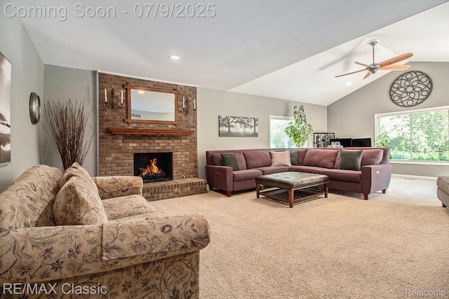 6706 Brookshire Dr, Canton, MI 48187 - living area with carpet floors, a ceiling fan, a brick fireplace, lofted ceiling, and recessed lighting