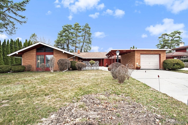 5178 Helga St, Saginaw, MI 48603 - view of front of property featuring an attached garage, concrete driveway, a front lawn, and a chimney