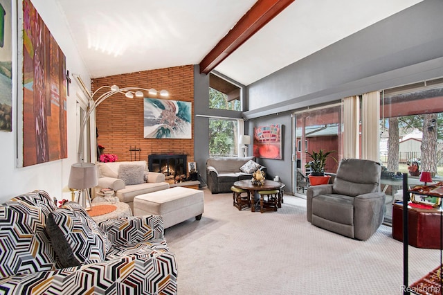 5178 Helga St, Saginaw, MI 48603 - carpeted living room featuring plenty of natural light, a fireplace, beam ceiling, and high vaulted ceiling