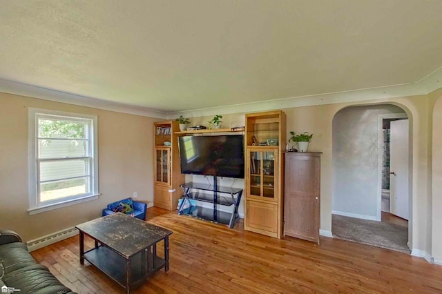 296 S Saginaw St, Montrose, MI 48457 - living area with arched walkways, wood finished floors, and a baseboard heating unit