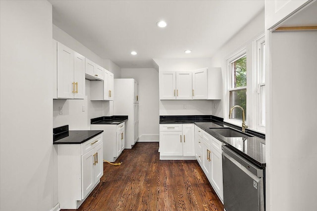 2475 Hazelwood St, Detroit, MI 48206 - kitchen featuring dishwasher, dark wood-style floors, white cabinetry, recessed lighting, and dark countertops