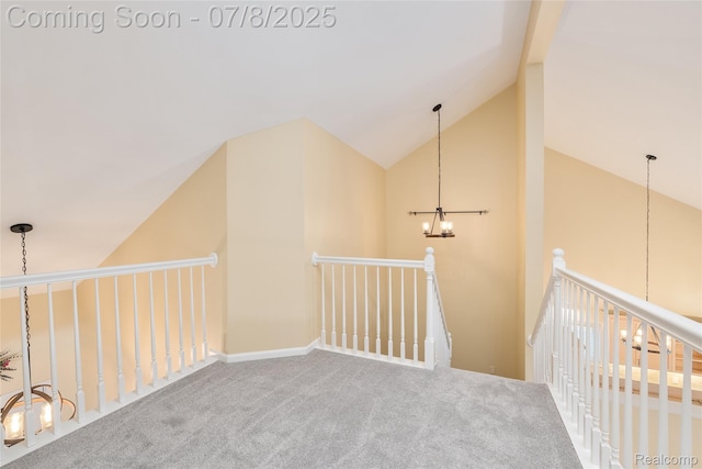 57349 Megan Dr, Washington, MI 48094 - hall with a chandelier, high vaulted ceiling, carpet flooring, and an upstairs landing