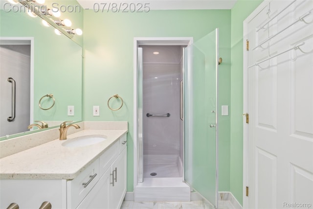 57349 Megan Dr, Washington, MI 48094 - bathroom featuring vanity, an enclosed shower, and marble look tiles