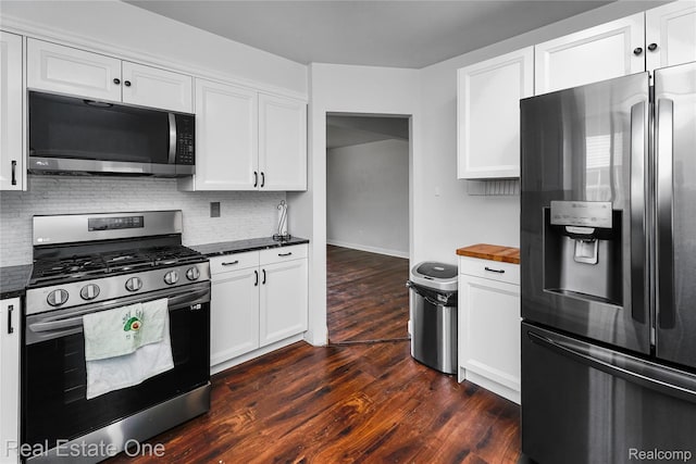 13776 Leroy St, Southgate, MI 48195 - kitchen featuring fridge with ice dispenser, gas range, wooden counters, dark wood-style floors, and tasteful backsplash