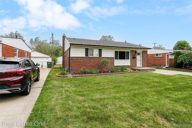 13776 Leroy St, Southgate, MI 48195 - view of front of home featuring brick siding, a garage, a front yard, and a chimney