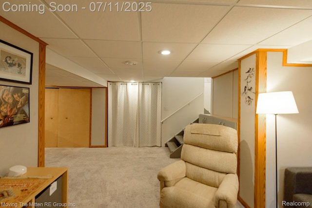 2746 Page Ave, Ann Arbor, MI 48104 - carpeted living area featuring stairs, a drop ceiling, and recessed lighting
