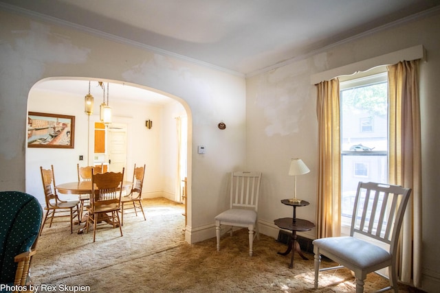 892 W Forest Ave, Muskegon, MI 49441 - dining room featuring arched walkways, ornamental molding, and carpet floors
