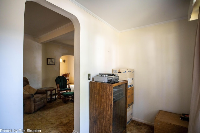 892 W Forest Ave, Muskegon, MI 49441 - bar featuring arched walkways, crown molding, and carpet floors