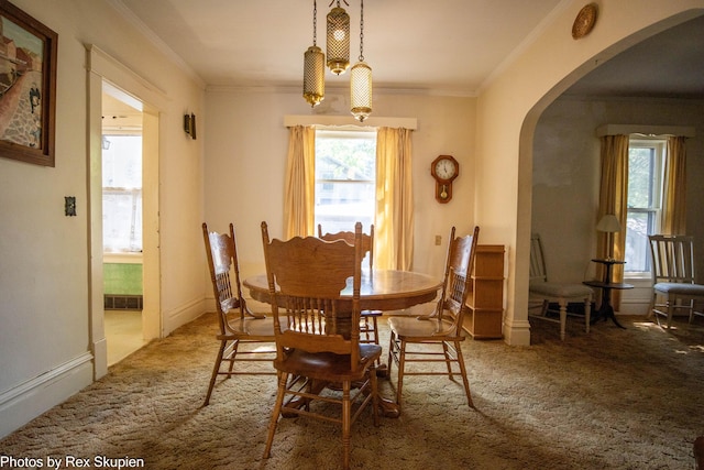 892 W Forest Ave, Muskegon, MI 49441 - carpeted dining area featuring arched walkways and crown molding