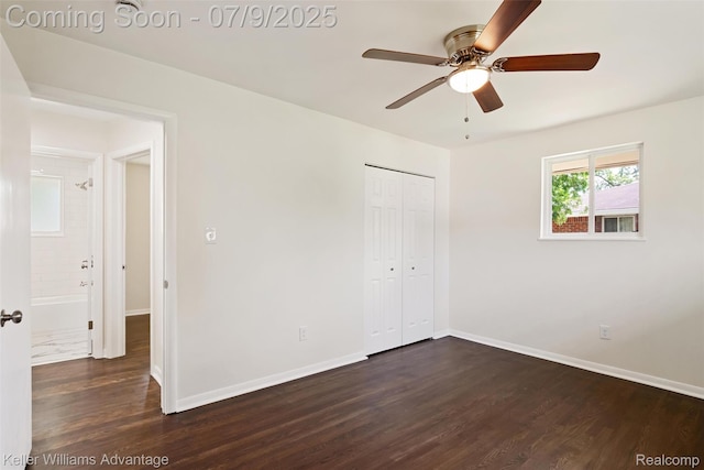 44249 Donley Dr, Sterling Heights, MI 48314 - unfurnished bedroom with dark wood finished floors, a closet, and a ceiling fan