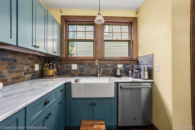 122 Linden Ct, Ypsilanti, MI 48197 - kitchen with dishwasher, decorative backsplash, decorative light fixtures, blue cabinets, and light stone counters