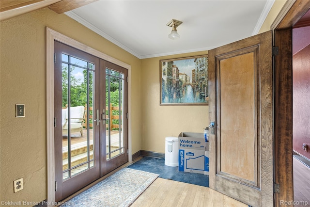 122 Linden Ct, Ypsilanti, MI 48197 - doorway to outside with french doors, wood finished floors, a textured wall, and ornamental molding