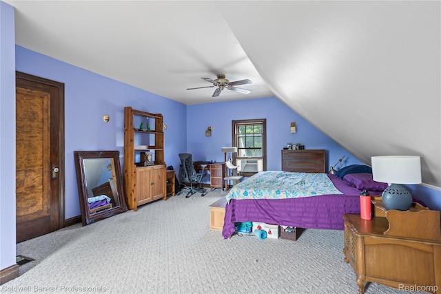 122 Linden Ct, Ypsilanti, MI 48197 - carpeted bedroom with vaulted ceiling, a desk, and a ceiling fan