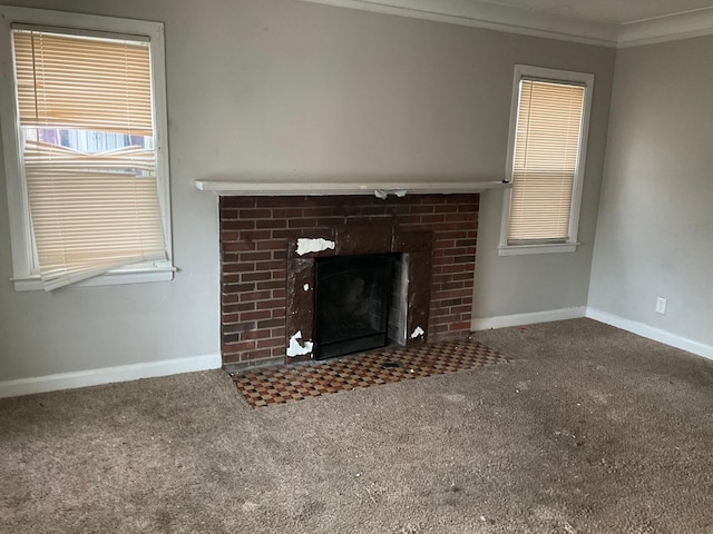 8518 Sussex St, Detroit, MI 48228 - unfurnished living room featuring crown molding, carpet flooring, and a fireplace
