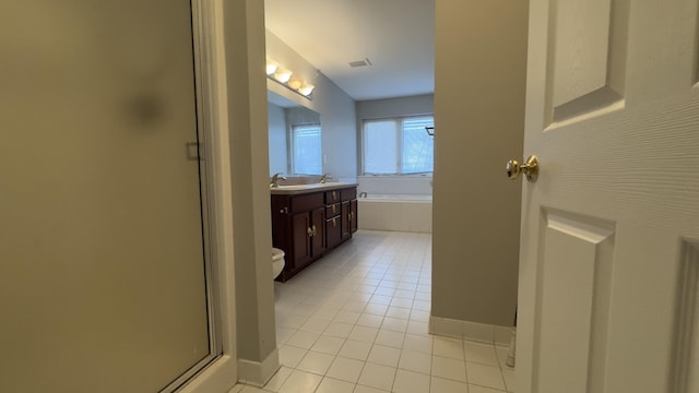 41664 Tera Ln, Novi, MI 48375 - bathroom featuring tile patterned floors, a stall shower, vanity, and a garden tub