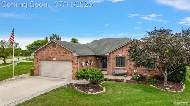 54561 Laurel Dr, Macomb, MI 48042 - traditional-style house with brick siding, an attached garage, a front yard, driveway, and a shingled roof