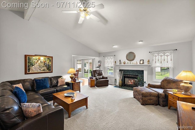54561 Laurel Dr, Macomb, MI 48042 - carpeted living area featuring ceiling fan and a fireplace