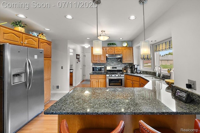 54561 Laurel Dr, Macomb, MI 48042 - kitchen featuring appliances with stainless steel finishes, a peninsula, light wood-type flooring, dark stone counters, and brown cabinetry