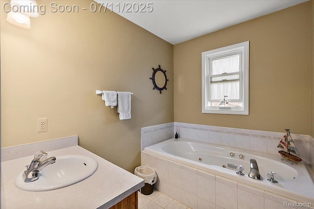 54561 Laurel Dr, Macomb, MI 48042 - bathroom featuring a whirlpool tub, tile patterned flooring, and vanity