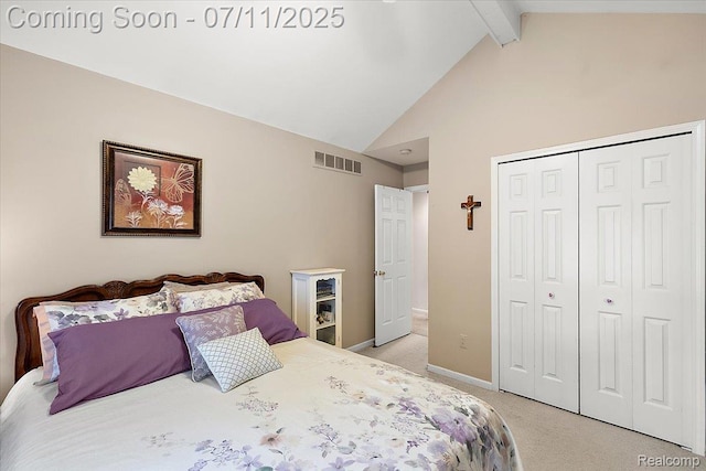 54561 Laurel Dr, Macomb, MI 48042 - bedroom featuring light colored carpet, beam ceiling, a closet, and high vaulted ceiling