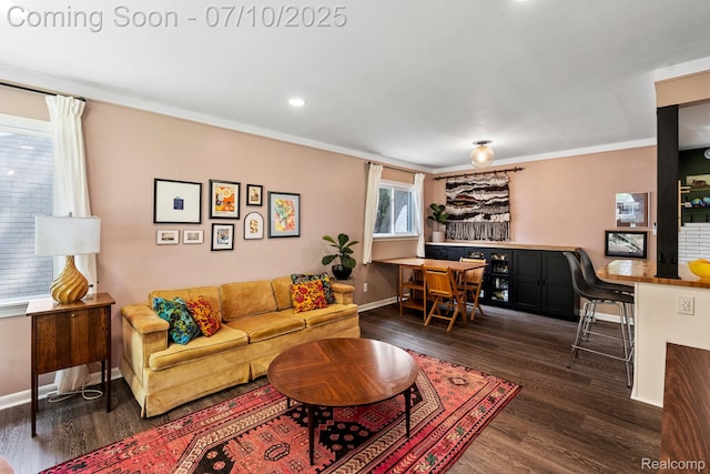 23316 Brookdale Blvd, Saint Clair Shores, MI 48082 - living room featuring an office area, dark wood-style flooring, recessed lighting, and ornamental molding