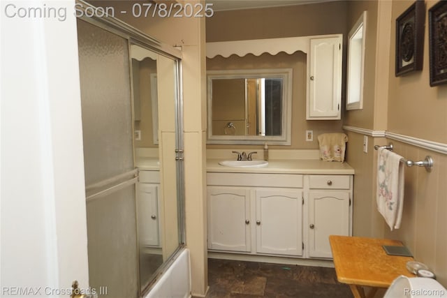 6785 Belleville Rd, Van Buren, MI 48111 - bathroom with vanity, combined bath / shower with glass door, and stone finish floors