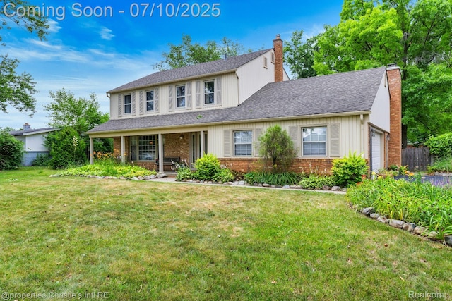 4247 Morningview Dr, Shelby Twp, MI 48316 - traditional-style home featuring a chimney, a garage, brick siding, a porch, and a shingled roof