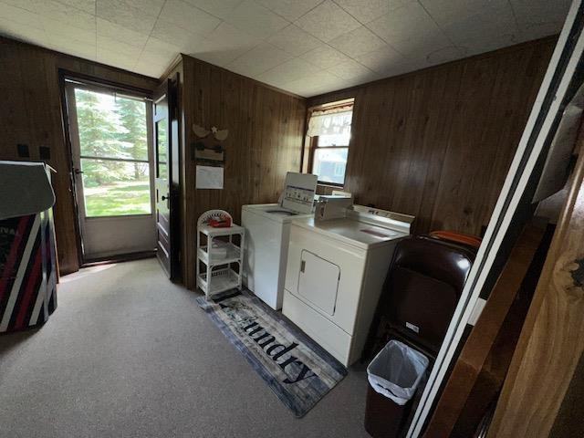 3786 W Houghton Lake Dr, Houghton Lake, MI 48629 - laundry area with washing machine and clothes dryer, wood walls, and light carpet